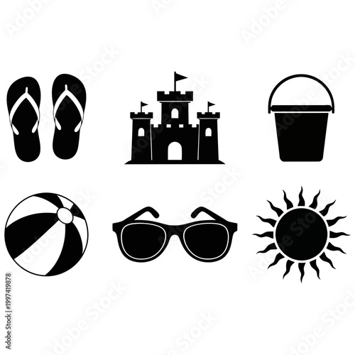 Summer beach time icons including flip flops castle bucket beach ball sunglasses and sun.