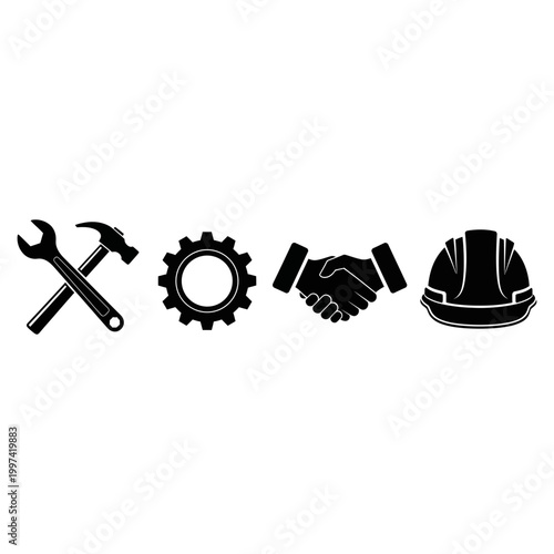 Work icon set. vector illustrations of black silhouettes of a wrench, hammer, gear, handshake, and hard hat.
