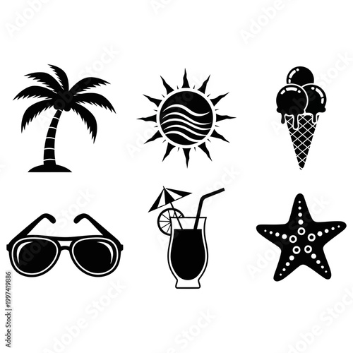 Tropical beach vacation icons with palm tree sun ice cream sunglasses cocktail and starfish.
