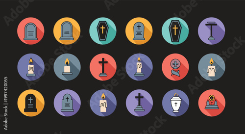 Cemetery and funeral service flat icons collection showing burial symbols like tombstones, coffins, crosses, and candles in colorful circles.