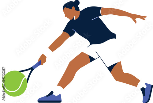 Animated male tennis player in motion, hitting green ball with racket, dynamic sports action, athletic pursuit, modern minimalist style.