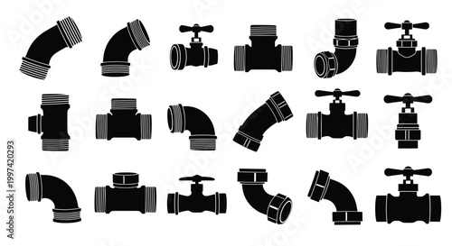 Industrial plumbing pipes and valves silhouettes set featuring black icons of various fittings, taps, and connectors for water supply work.