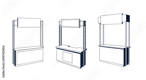 Promotional stand and booth sketches showing three different designs of mobile marketing kiosks for exhibitions, trade shows, and demos.