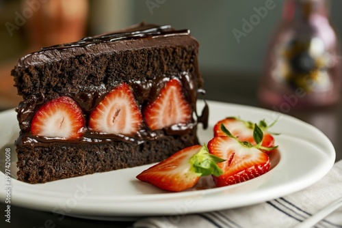 Delicious Cake Slice With Chocolate and Strawberries on a White Plate