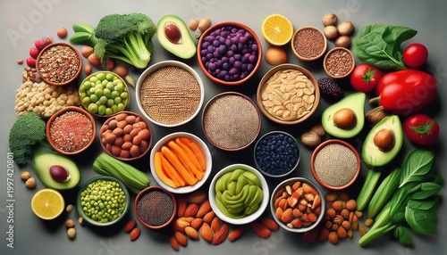 plant based vegan food for a healthy lifestyle with vegetables fruit cereals grains nuts seeds legumes and dips high in protein antioxidants vitamins fibre and smart carbs ethical eati generative ai