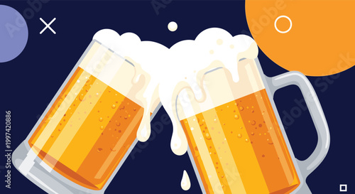 Two foaming beer mugs clinking together in a festive illustration of a toast with glasses of lager against a dark blue and orange background.