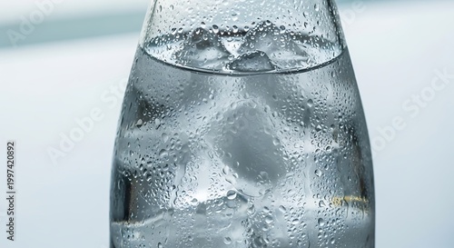 Close-up of a clear glass bottle filled with ice cubes and condensation