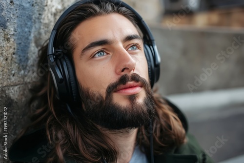 Man Listens to Music With Headphones While Standing Against a Wall in an Urba...