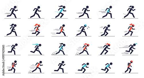 Sequence of stick figure athletes running in different poses to represent speed, motion, and physical activity.