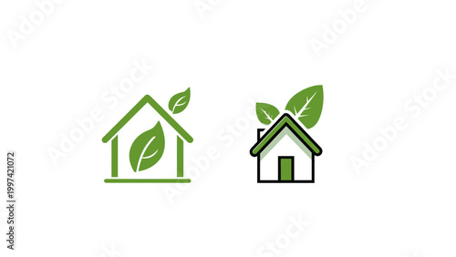 minimal eco house icon, green home with leaf symbol, flat vector, simple shapes, line style, modern clean design, white background
