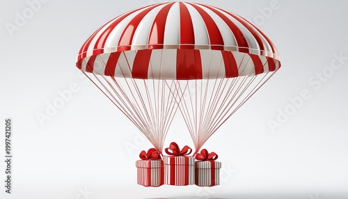 red and white striped parachutes carrying gift boxes with red ribbons on white background representing delivery or surprise concept 3d rendering