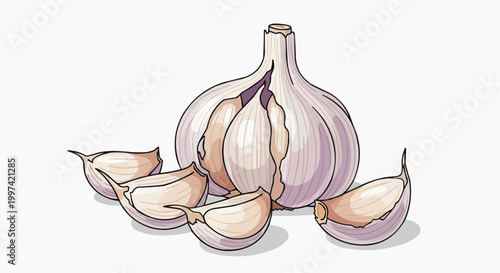 An illustration of a whole garlic bulb with several cloves removed