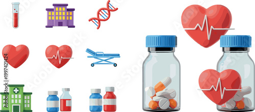 3D Medical Healthcare Icon Set with Hospital DNA Heart Pill Bottles Stretcher