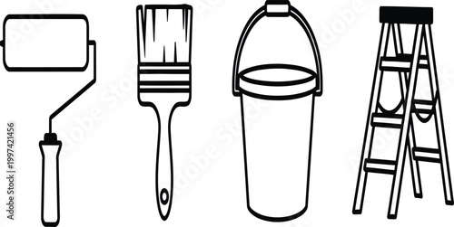 Painting tools roller brush bucket and ladder illustration