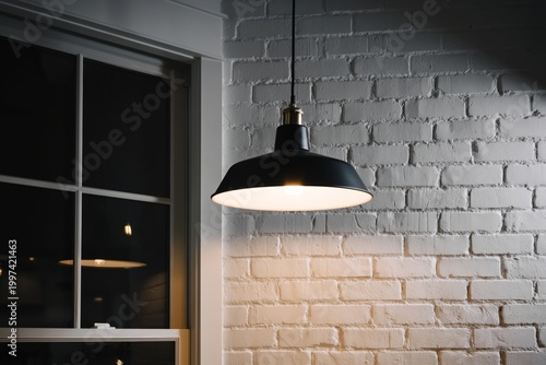 Modern Black Lamp Hanging in Living Room With White Brick Wall and Cozy Couch