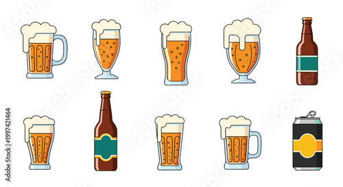Collection of beer glasses and bottles filled with golden ale and topped with thick white foam on a white background.