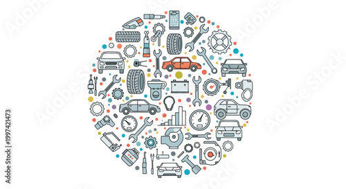 Circular arrangement of automotive repair tools and car parts icons representing vehicle maintenance and service.