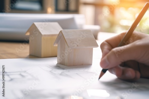 Wood Model House Sits on Table While Hand Draws House Plans With Pencil Durin...