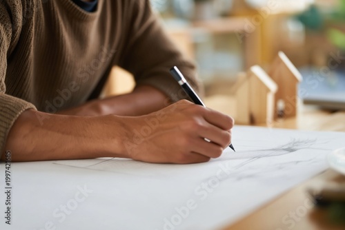 Wood Model House Sits on Table While Hand Draws House Plans With Pencil Durin...