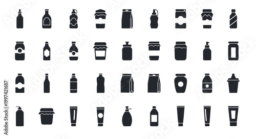 Grid of silhouette icons representing various types of product bottles, jars, and packaging for liquids and creams.
