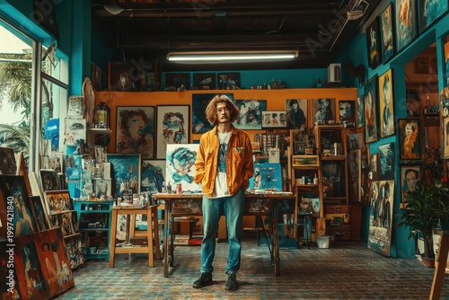 Artist in colorful studio surrounded by artwork and supplies