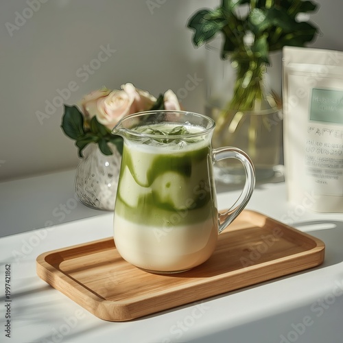 A fresh glass and pitcher of healthy organic milk and cream are isolated on a table as a cold dairy beverage product for a natural breakfast