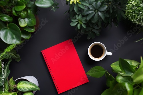Notepad and Coffee Among Green Plants on a Dark Surface in a Bright Space