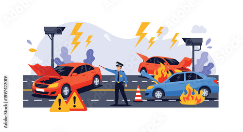 Dramatic scene of a car accident on a highway with emergency cones, smoke, and a police officer directing traffic.