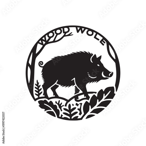 Circular Wild Boar Silhouette Emblem with Wood Wolf Text and Forest Elements. 