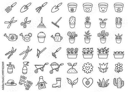 Gardening doodle icons compilation set.  Vector doodle illustration set for web, t-shirt design, other graphic design use