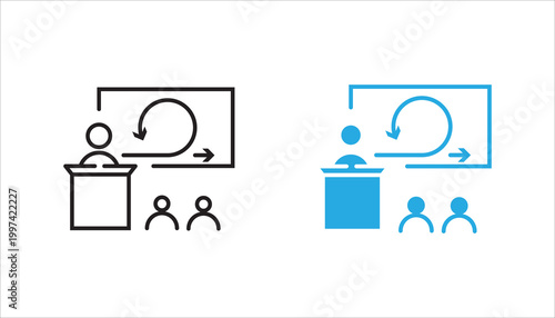 Line icon illustration of a business presentation session featuring an instructor at a podium, a whiteboard with circular arrow diagram, and an audience. Suitable for training, education, workshop, an