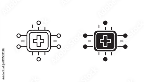 Line icon of a microchip featuring a medical cross in the center, symbolizing healthcare technology, digital health systems, AI diagnostics, and medical innovation.