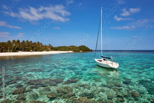 Sailboat Floating in Clear Water Near a Tropical Beach With Palm Trees on a S...