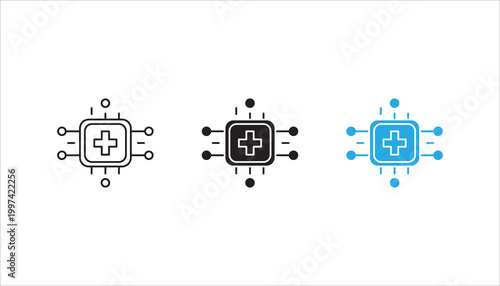 Line icon of a microchip featuring a medical cross in the center, symbolizing healthcare technology, digital health systems, AI diagnostics, and medical innovation.