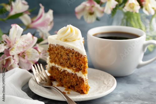 Enjoying Cake and Coffee With Flowers on the Table During Afternoon Break