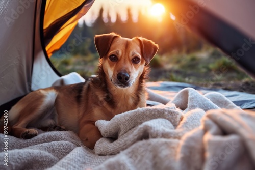 Dog Inside Tent at Sunset in Forest During Camping Trip