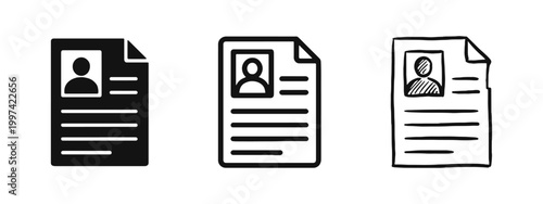 CV Resume Profile Document Icons Set in Solid, Line, and Hand Drawn Sketch Style