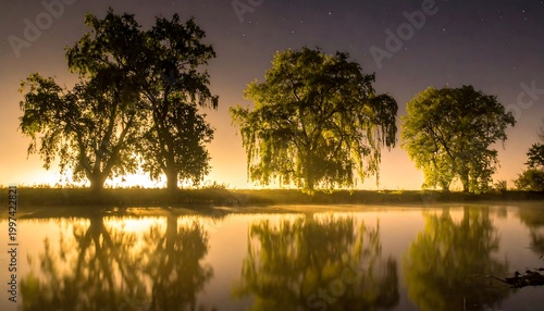Silhouetted trees by a misty river at night