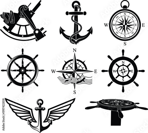 Nautical including anchors, compasses, and ship wheels, in black and white steering wheels
