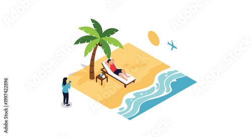Isometric view of a tropical beach where a woman takes a photo of a man relaxing on a sun lounger under a palm tree.