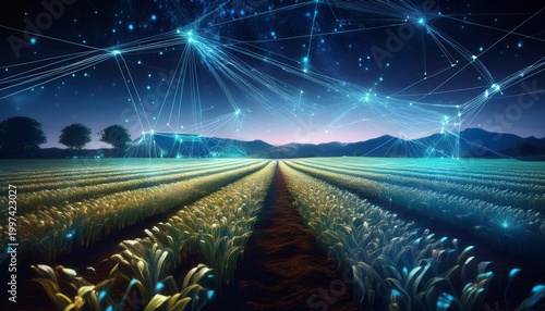 smart agriculture technology at night with connected farming field under starry sky