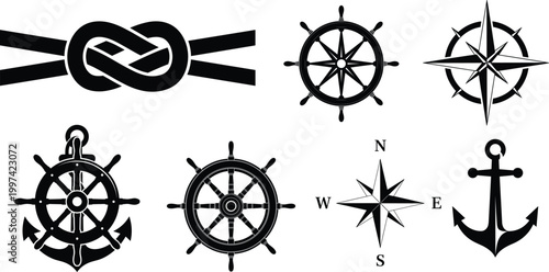 Nautical symbols, including anchors, ship wheels, compasses, and knot on white background