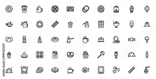 Coffee shop dessert icon set. Vector illustration includes cookie, coffee cup, donut, cake, ice cream, muffin, milkshake and more sweet treats. Editable stroke.