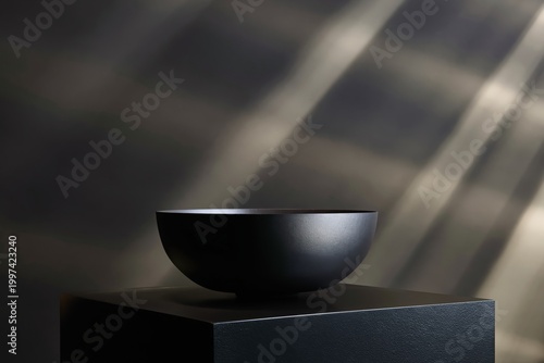 Black Bowl on a Pedestal With Light Rays Shining From the Top in a Dark Room ...