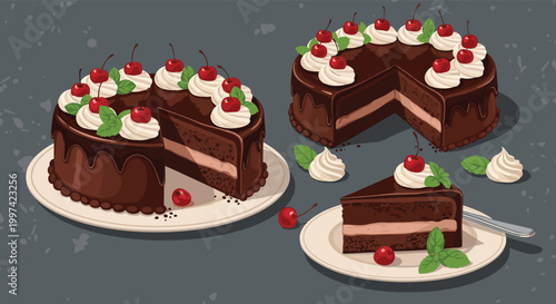 Delicious chocolate cakes decorated with whipped cream and cherries including a whole cake and a single slice.