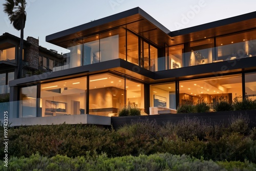 Modern House Sits on Rocks by the Sea During Sunset With Clear Sky