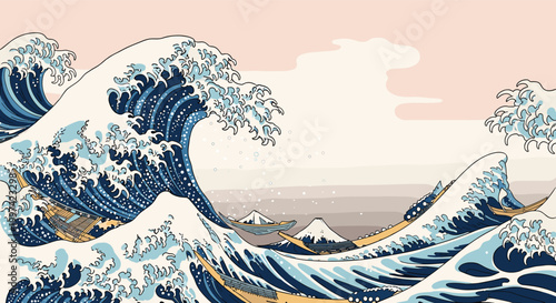 Dramatic ocean scene featuring powerful blue and white waves inspired by the classic Great Wave off Kanagawa art.