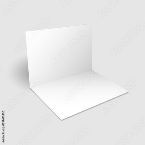 Blank white open greeting card or invitation mockup. Minimal realistic standing bifold card layout on light gray background with soft shadow. Landscape folding card vector illustration.