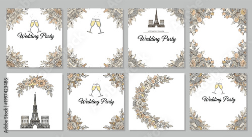 Set of elegant wedding party invitation card designs featuring floral borders, champagne glasses, and the Eiffel Tower.