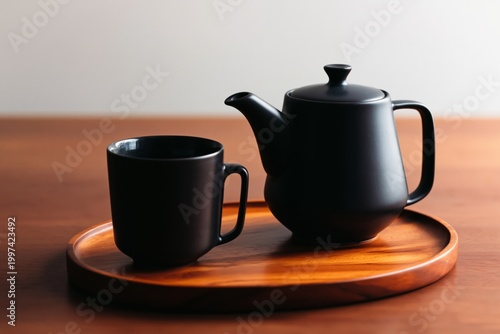 Black Teapot and Cup on Wooden Tray Displayed in Simple Setup